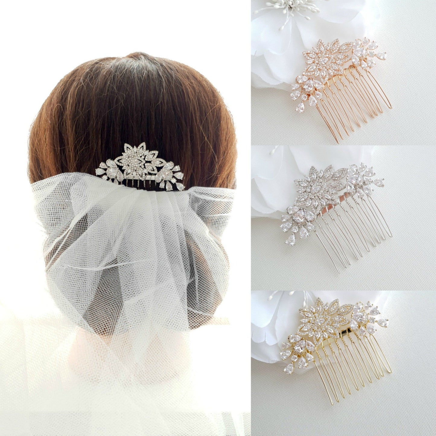 Crystal Flower Bridal Comb Headpiece-Lara - PoetryDesigns