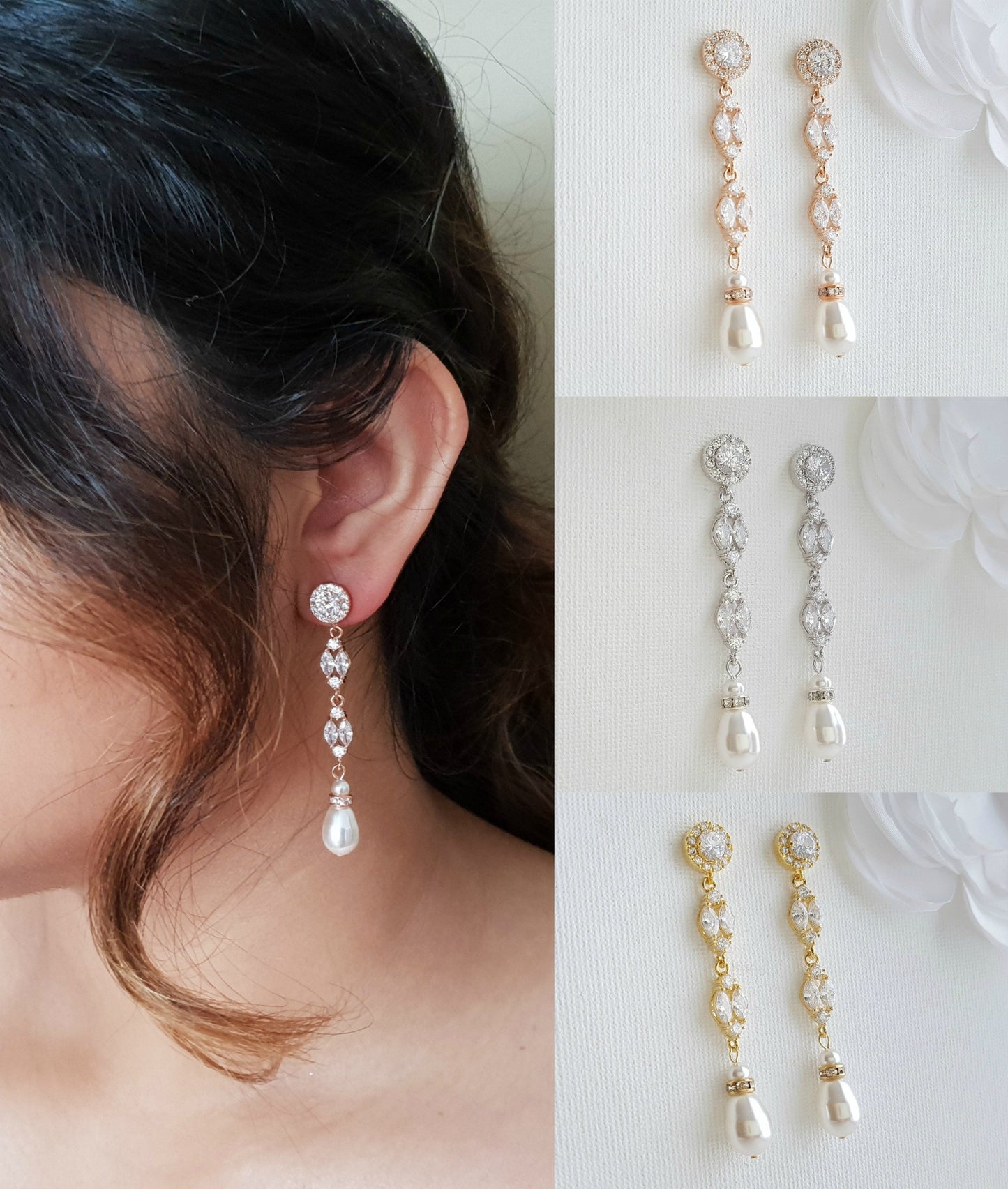 Silver, gold, rose gold long pearl drop earrings for weddings- Poetry Designs