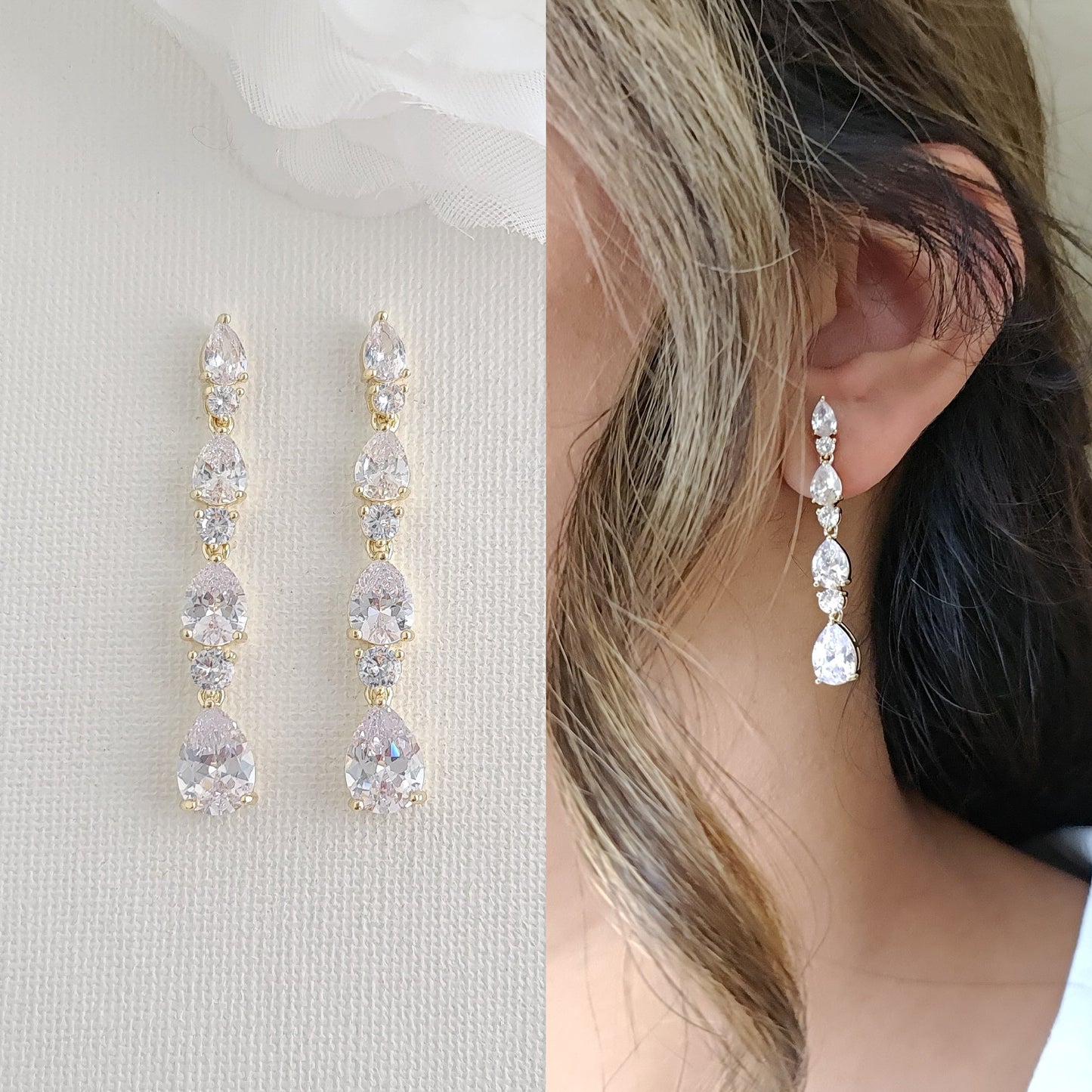 Aretes colgantes de novia pequeños con cristal en forma de pera en plata-avellana