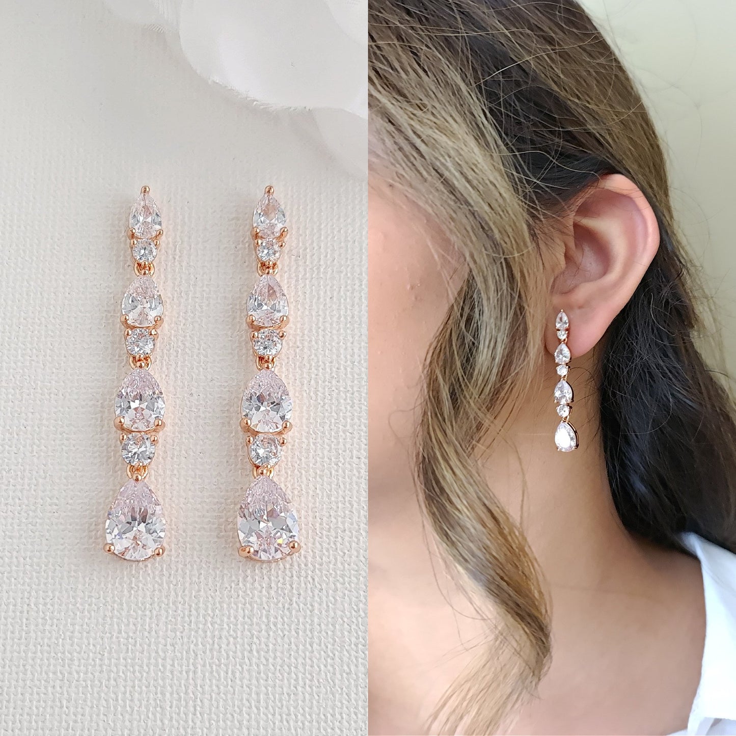 Aretes colgantes de novia pequeños con cristal en forma de pera en plata-avellana