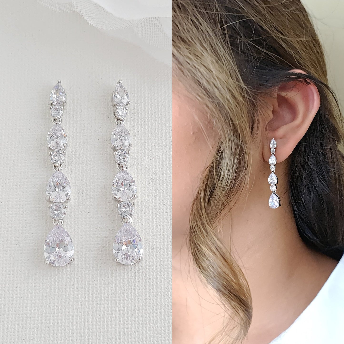 Aretes colgantes de novia pequeños con cristal en forma de pera en plata-avellana