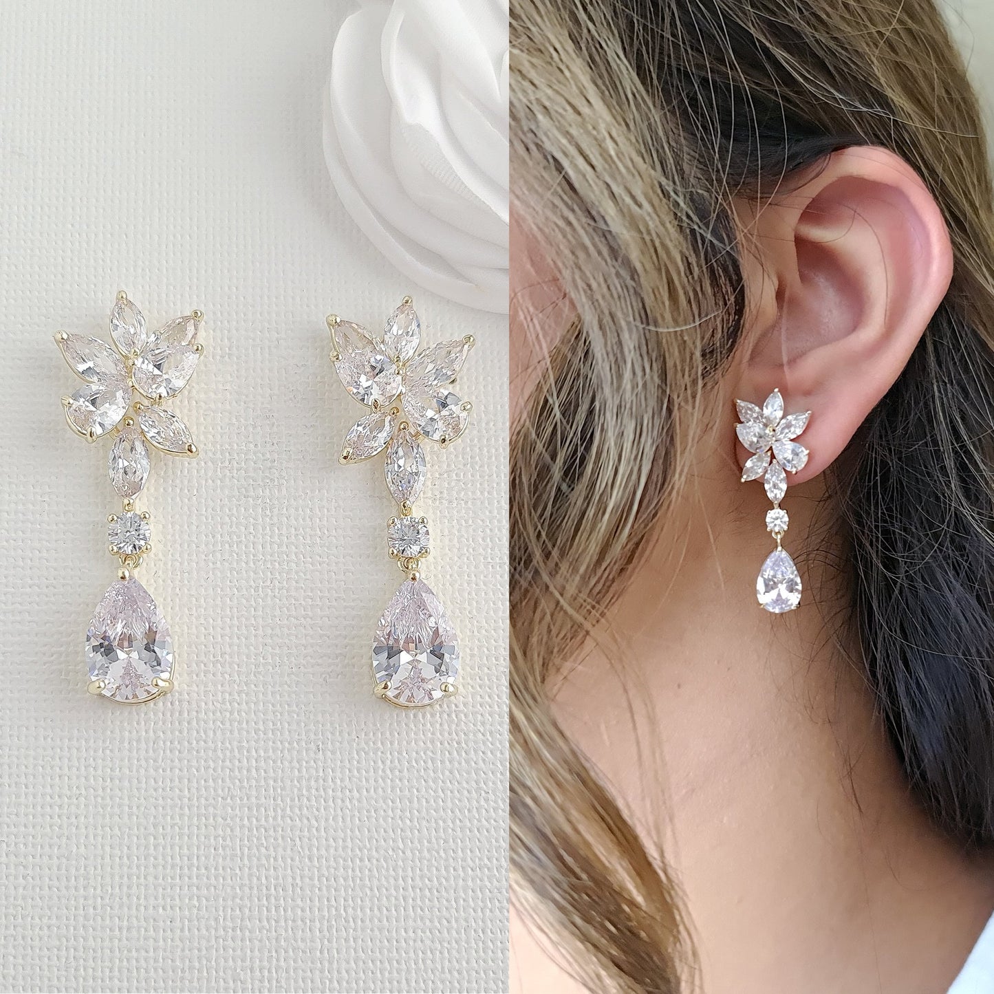 Juego de aretes florales dorados y pulsera de lágrima para bodas-Ivy