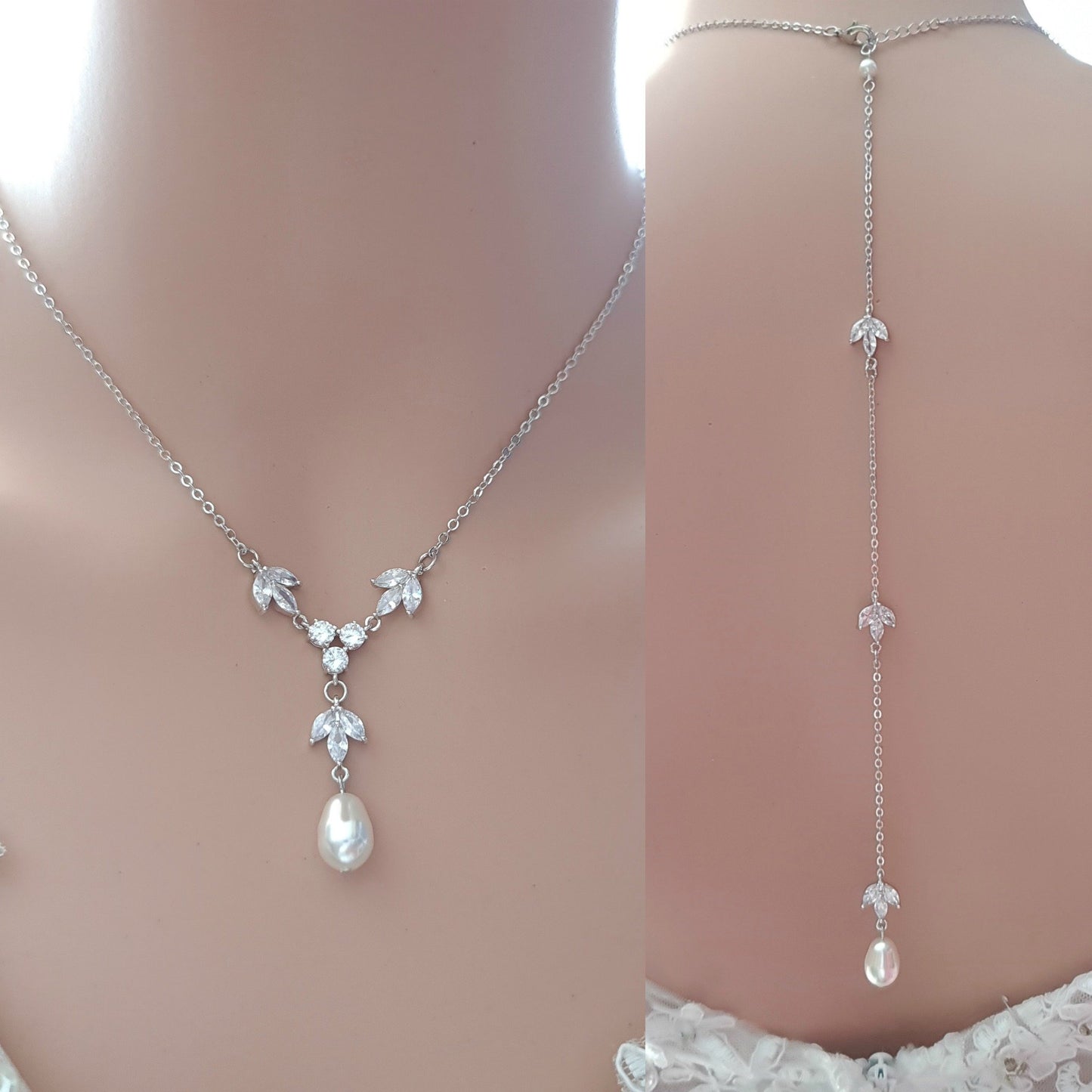 Simple Gold Back Drop Bridal Necklace with Pearl Crystal-Leila