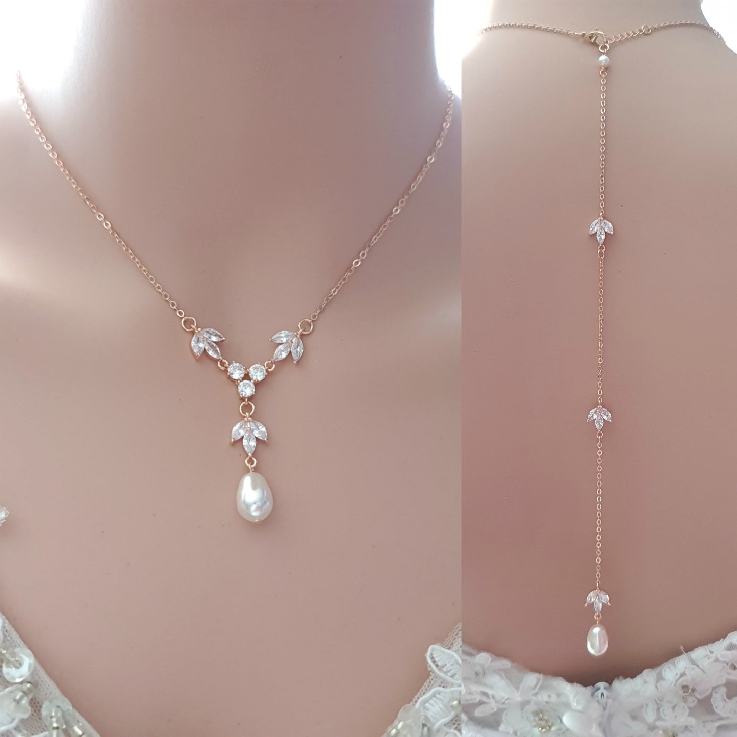 Simple Gold Back Drop Bridal Necklace with Pearl Crystal-Leila