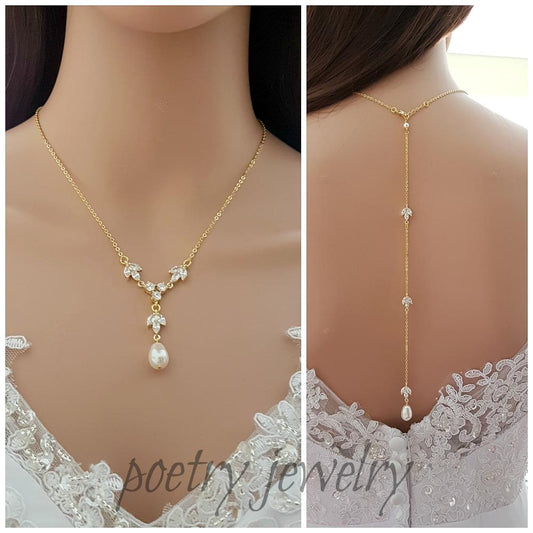 Back Drop Bridal Necklace, Pearl Crystal Wedding Necklace, Wedding Backdrop Necklace, Simple Back Necklace, Wedding Jewelry, Leila