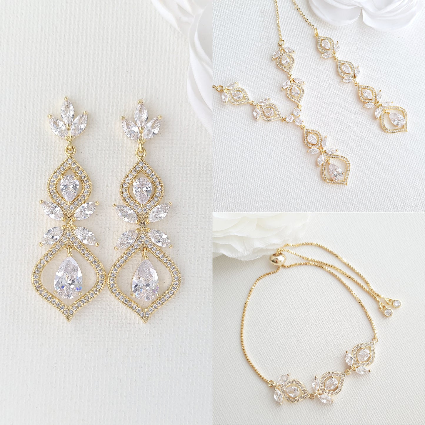 Rose Gold Bridal Back Jewelry Set with Drop Earrings Slider Bracelet Backdrop Necklace- Meghan