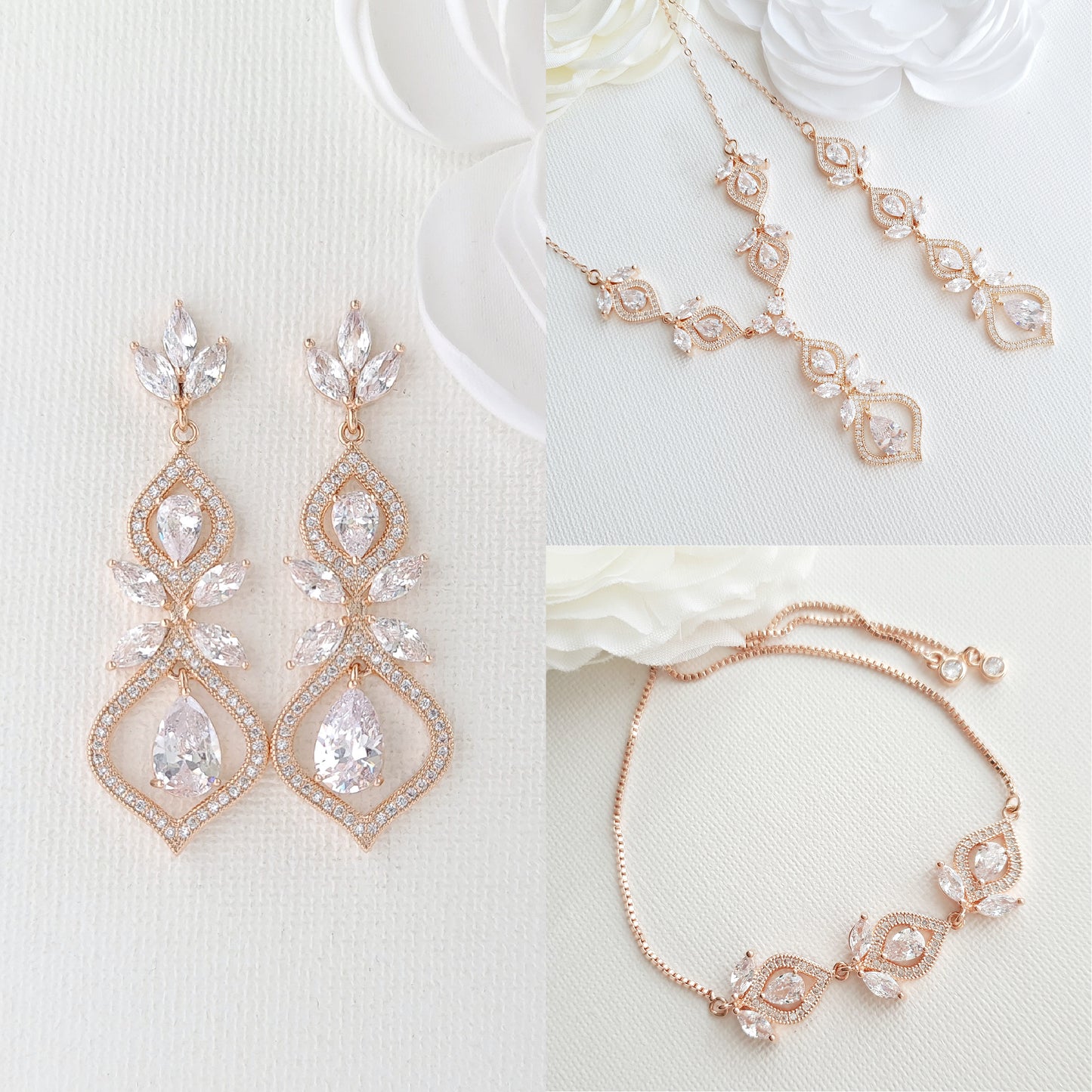 Rose Gold Bridal Back Jewelry Set with Drop Earrings Slider Bracelet Backdrop Necklace- Meghan