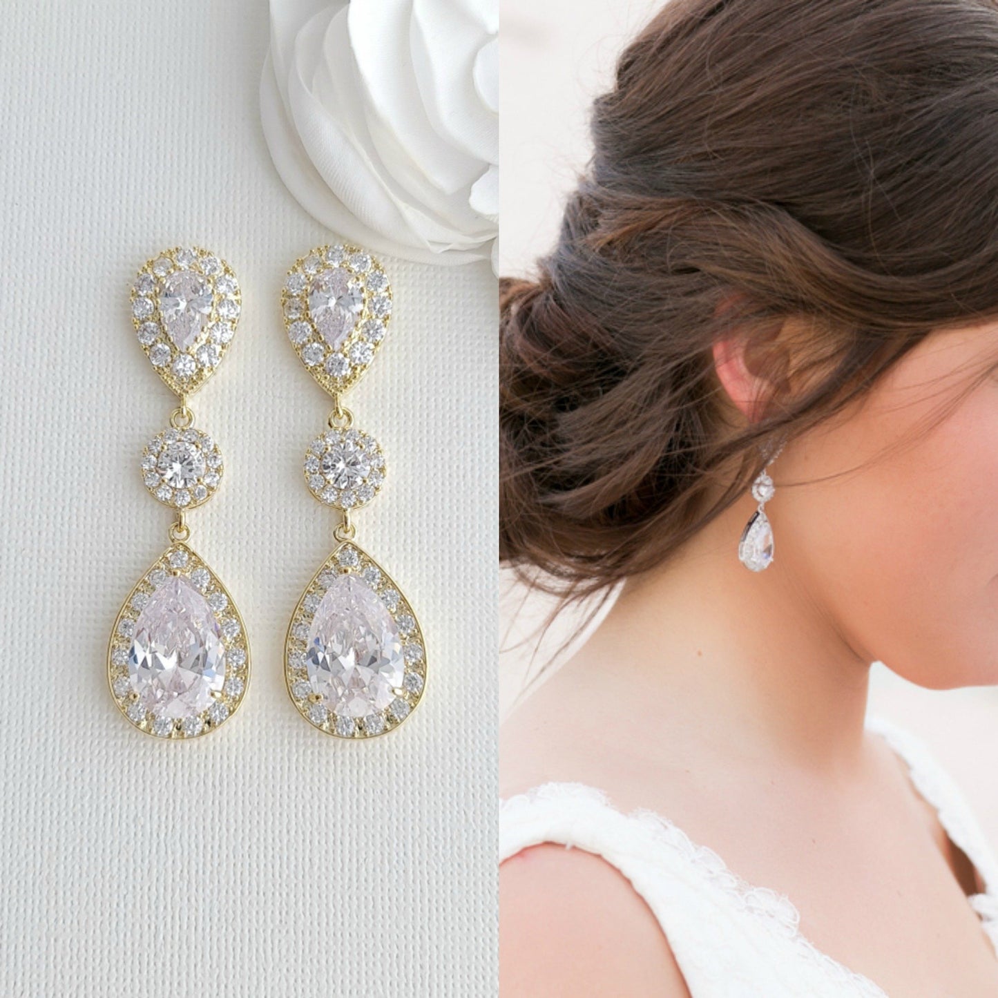 Big Wedding Earrings with Large CZ Teardrops-Penelope - PoetryDesigns