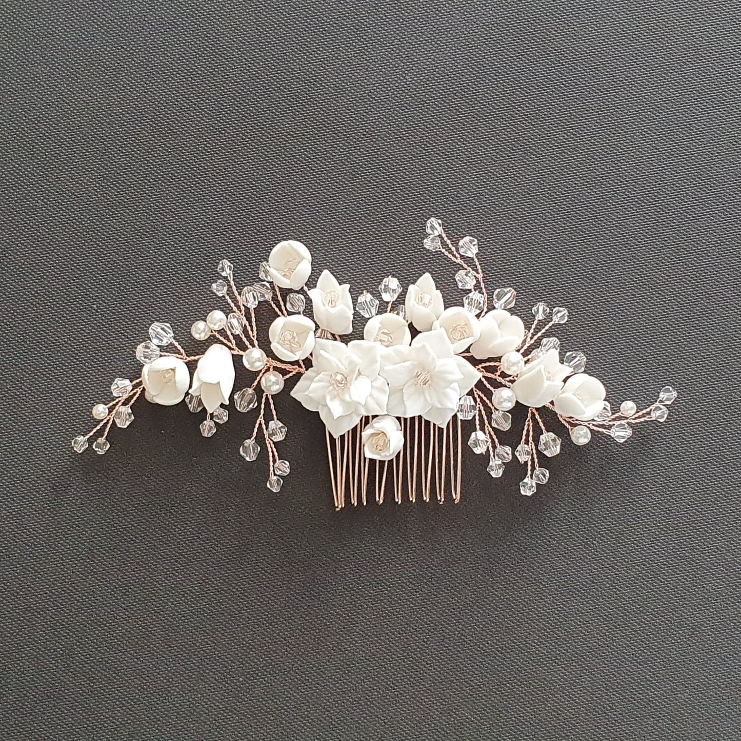 Gold Bridal Hair Comb with White Porcelain Flower & Crystal Beads-Tulip