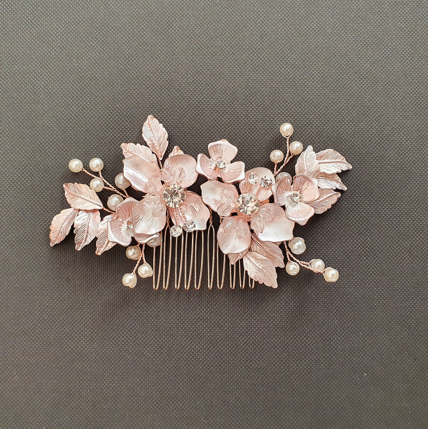 Peigne à cheveux fleur et feuille en or rose pour mariages - Azalée