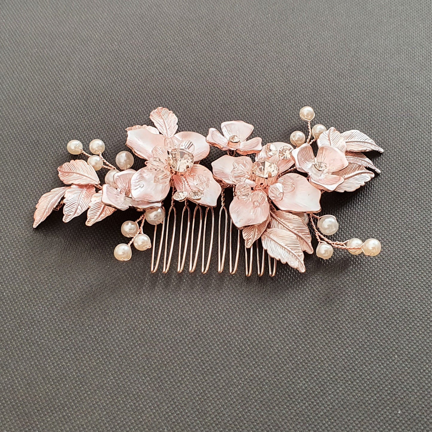 Peigne à cheveux fleur et feuille en or rose pour mariages - Azalée