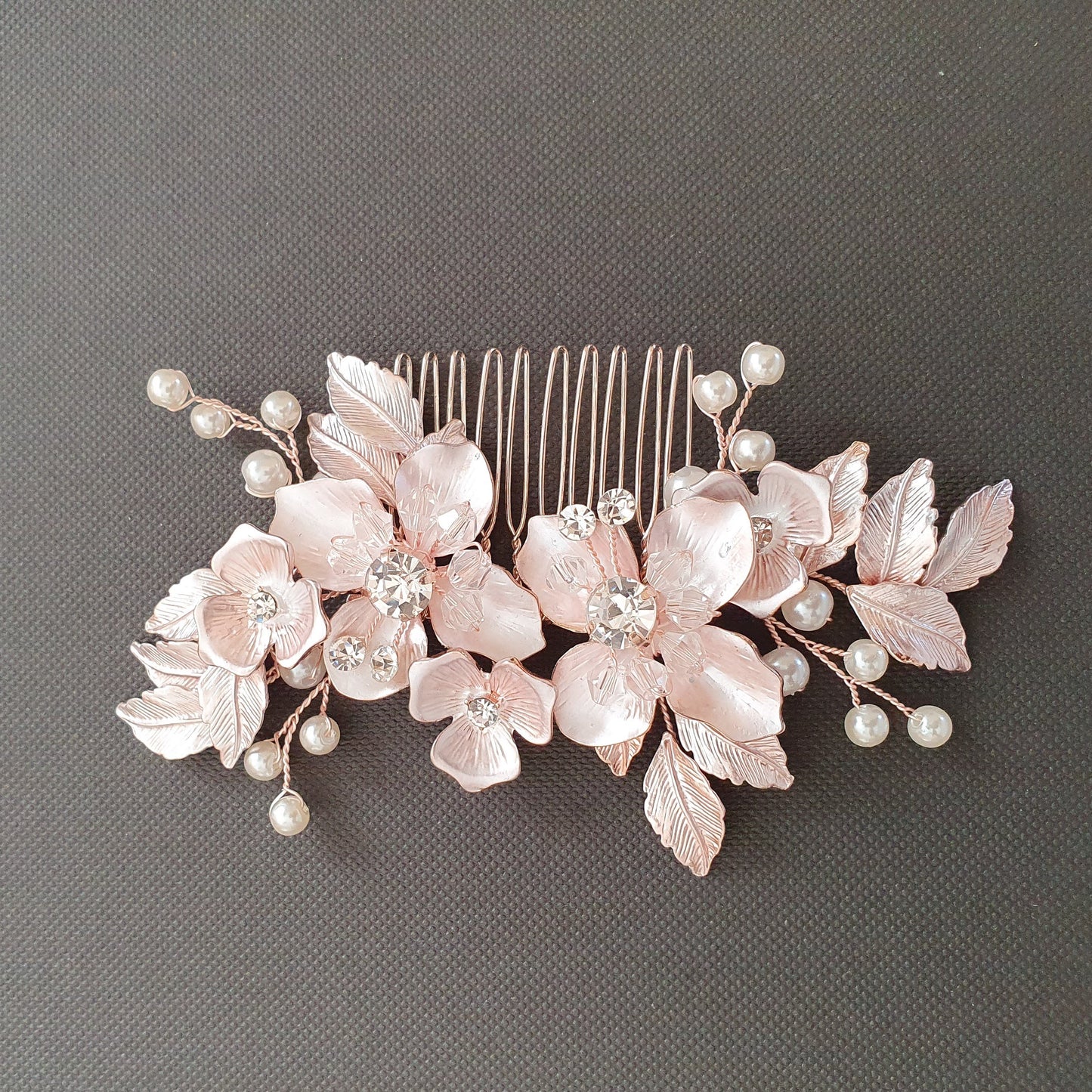 Peigne à cheveux fleur et feuille en or rose pour mariages - Azalée