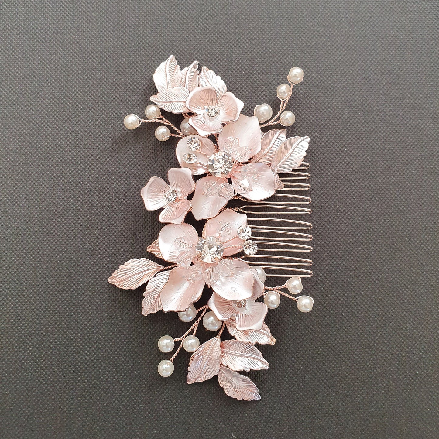 Peigne à cheveux fleur et feuille en or rose pour mariages - Azalée