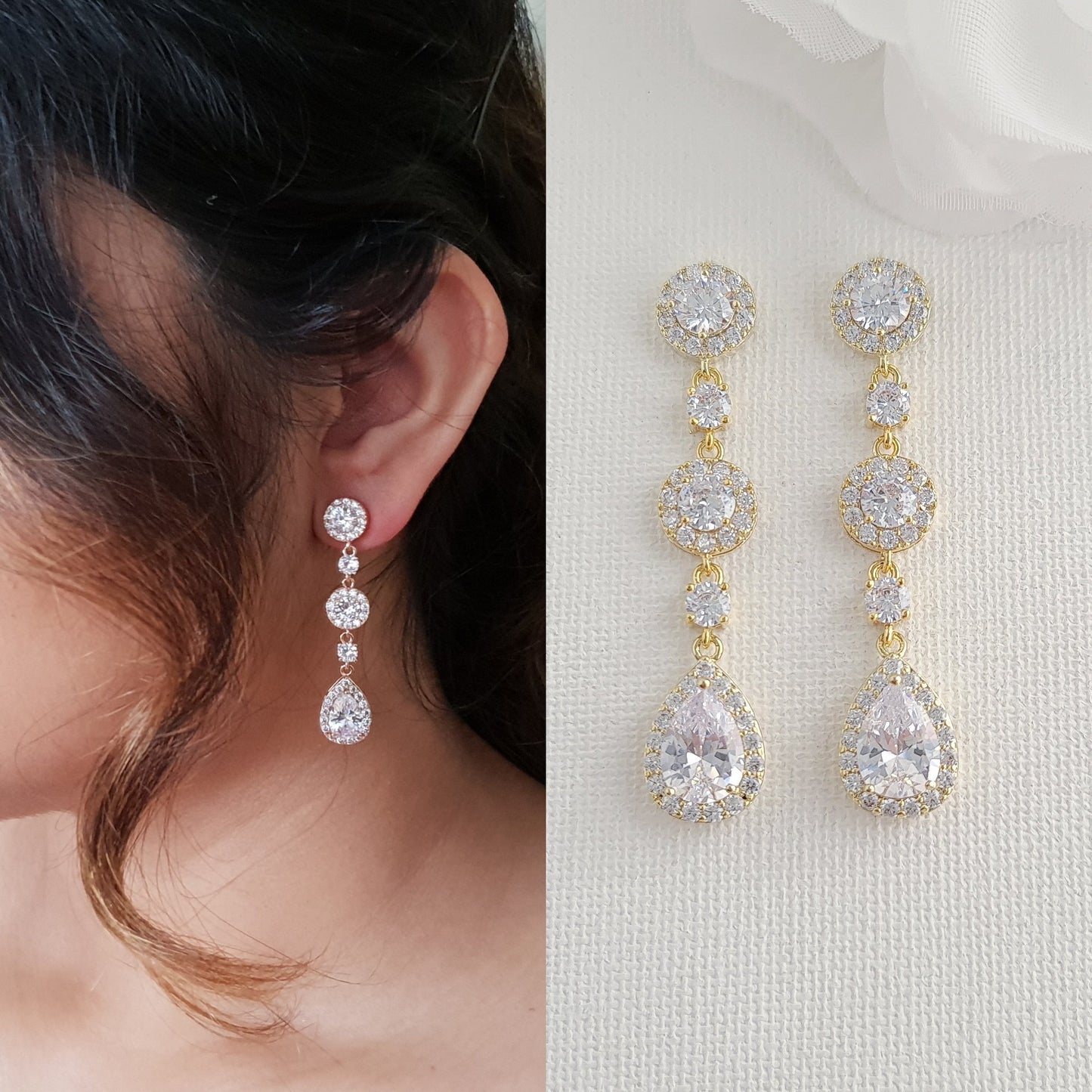 Juego de aretes y pulsera con circonitas cúbicas redondas para novias-Reagan