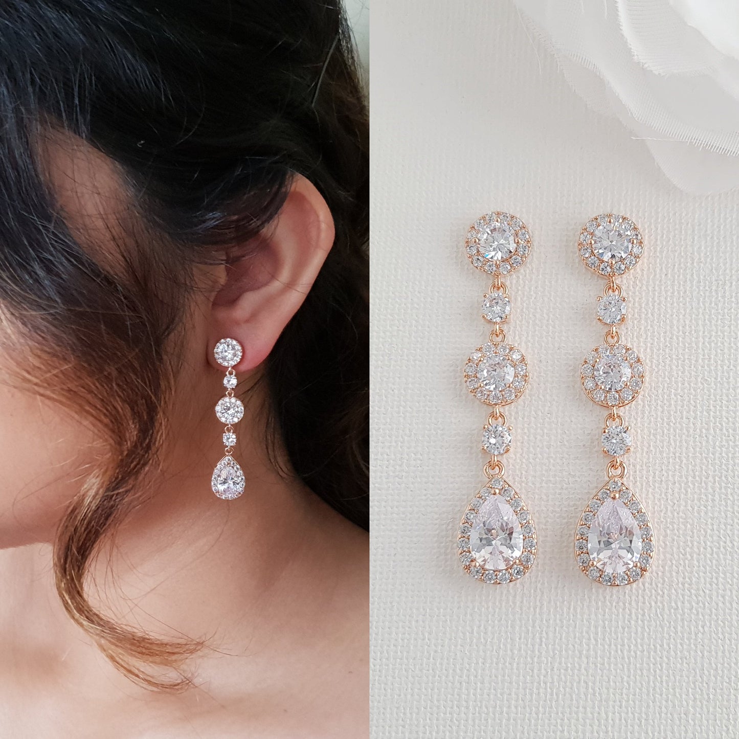 Juego de pulseras y aretes de oro rosa para novias- Reagan