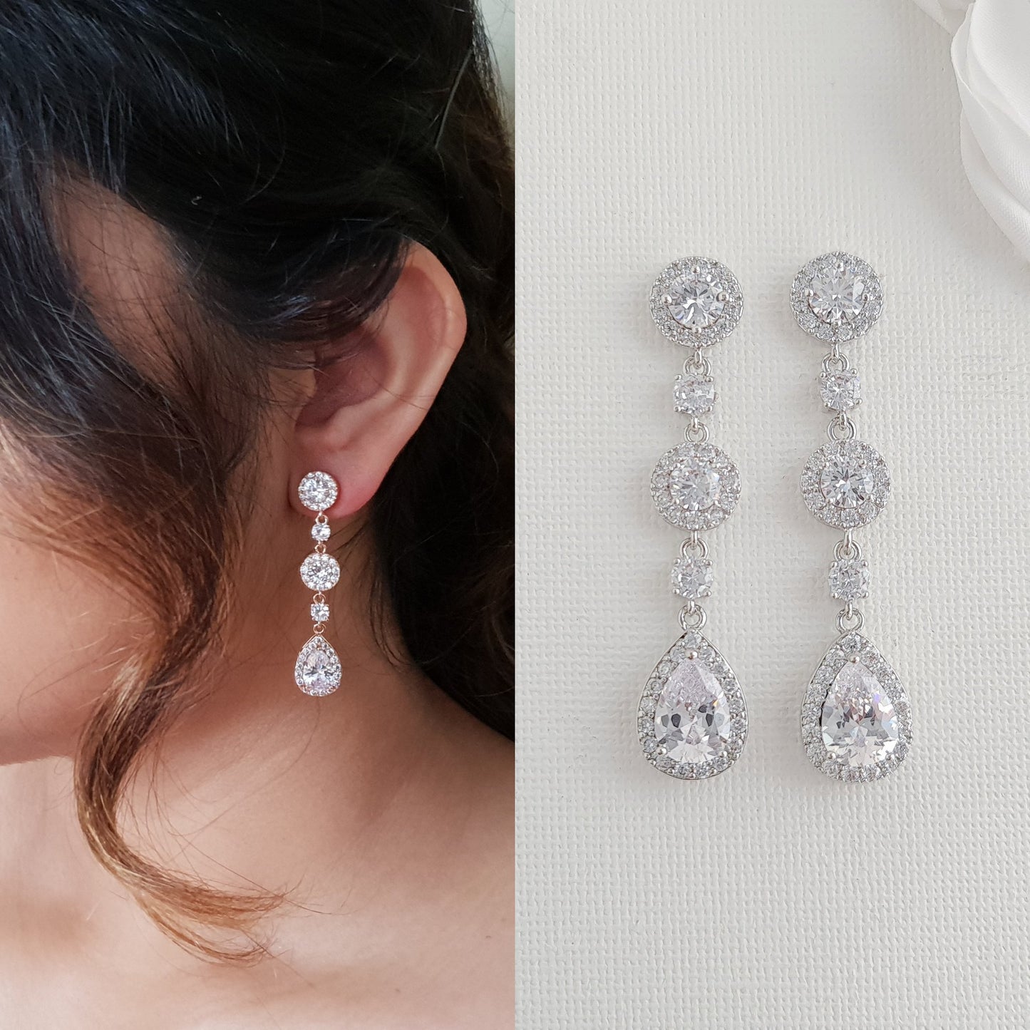 Juego de aretes y pulsera con circonitas cúbicas redondas para novias-Reagan