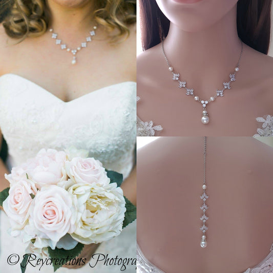 Pearl and Crystal Wedding Necklace with Backdrop for Bride-Rosa