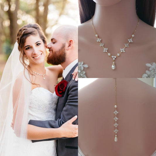 Gold Crystal Backdrop Necklace for Weddings-Rosa