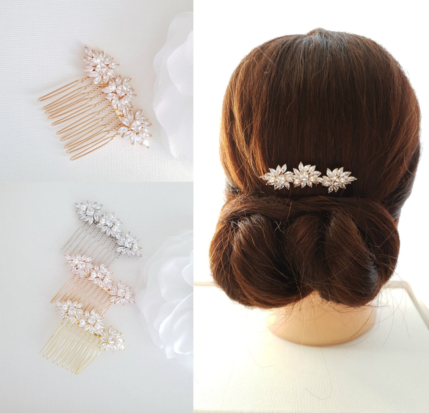 Crystal Flower Gold Hair Comb for Weddings-Bridget