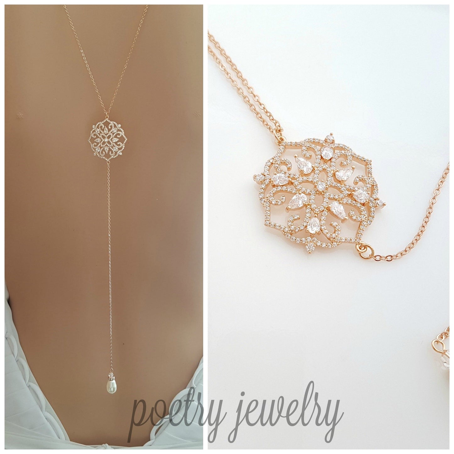Rose Gold Long Back Necklace for Wedding, Prom, Event Backless Dresses-Poetry Designs