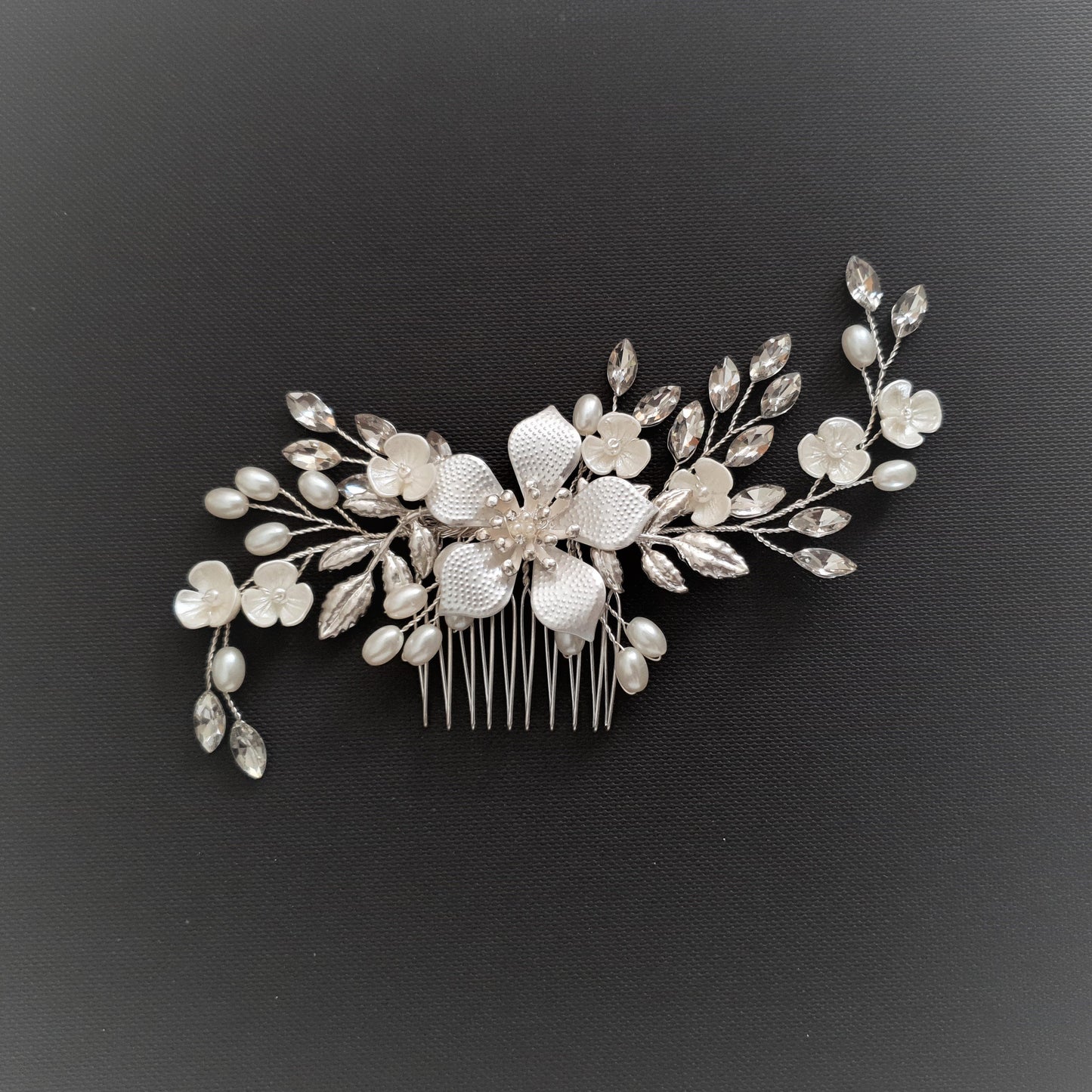 Jeweled Rose Gold Bridal Hair Comb with Pearl & Crystal Leaves-Freya