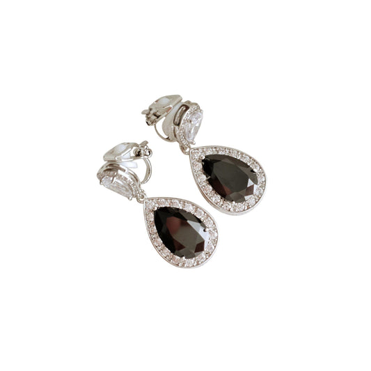 Black Clip On Earrings in Silver-Zoe - PoetryDesigns