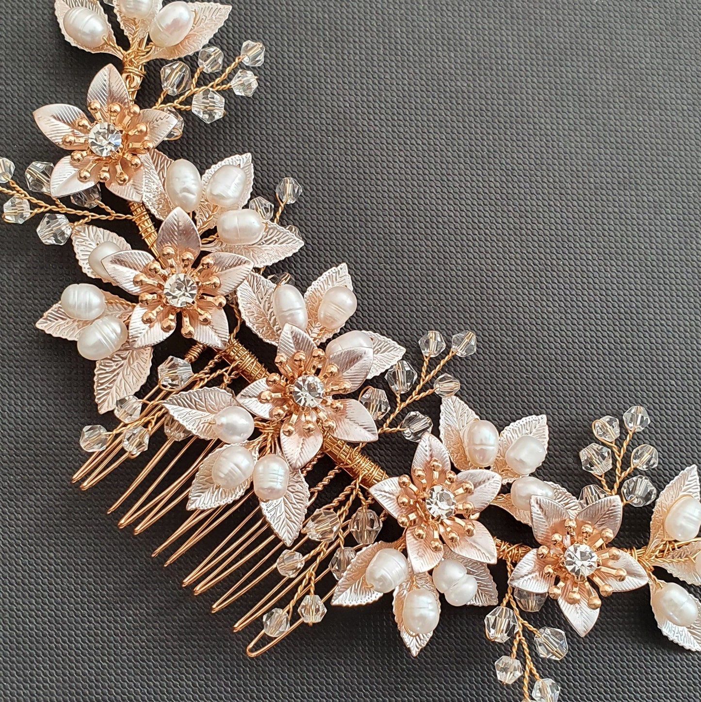 Statement Bridal Hair Comb With Gold leaves and Flowers-Liana