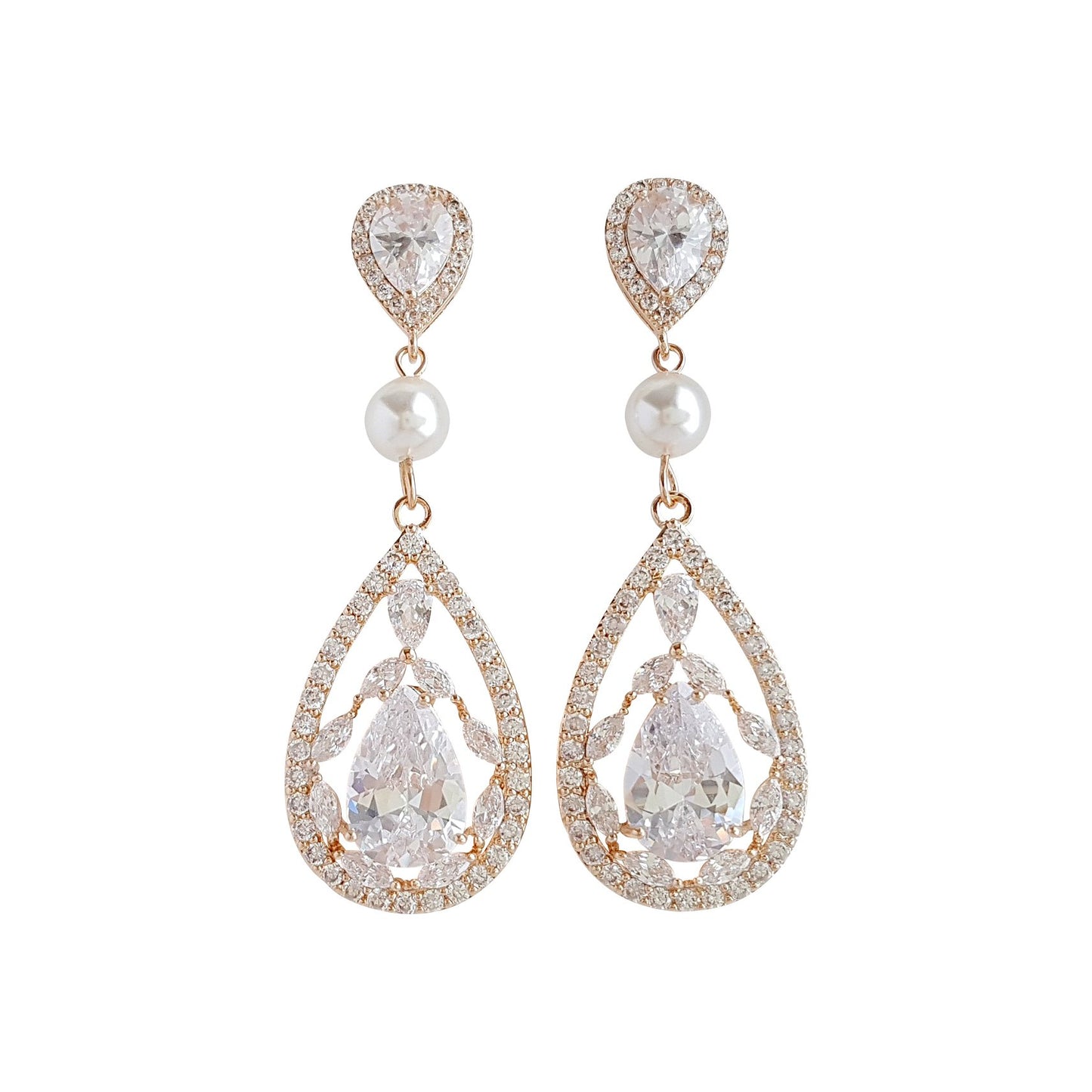 Aretes de cristal CZ de oro rosa para bodas y novias-Esther