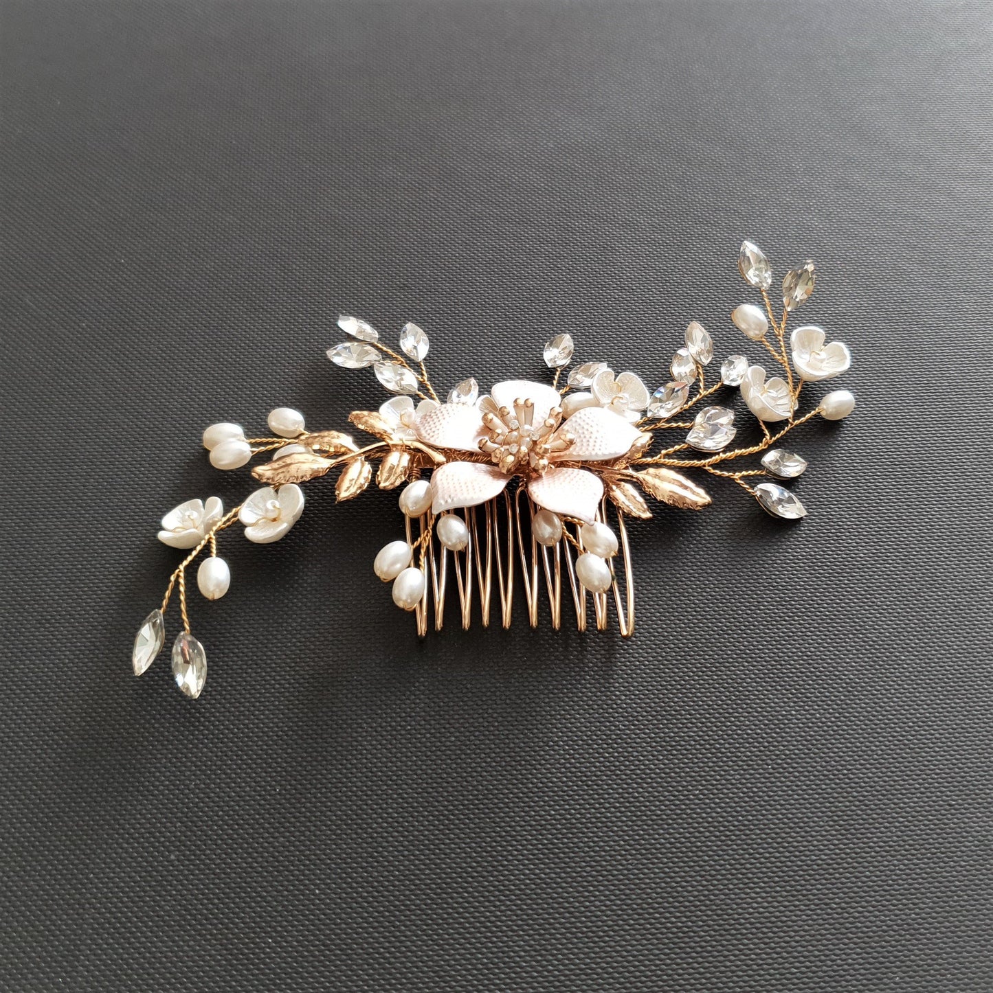 Jeweled Rose Gold Bridal Hair Comb with Pearl & Crystal Leaves-Freya