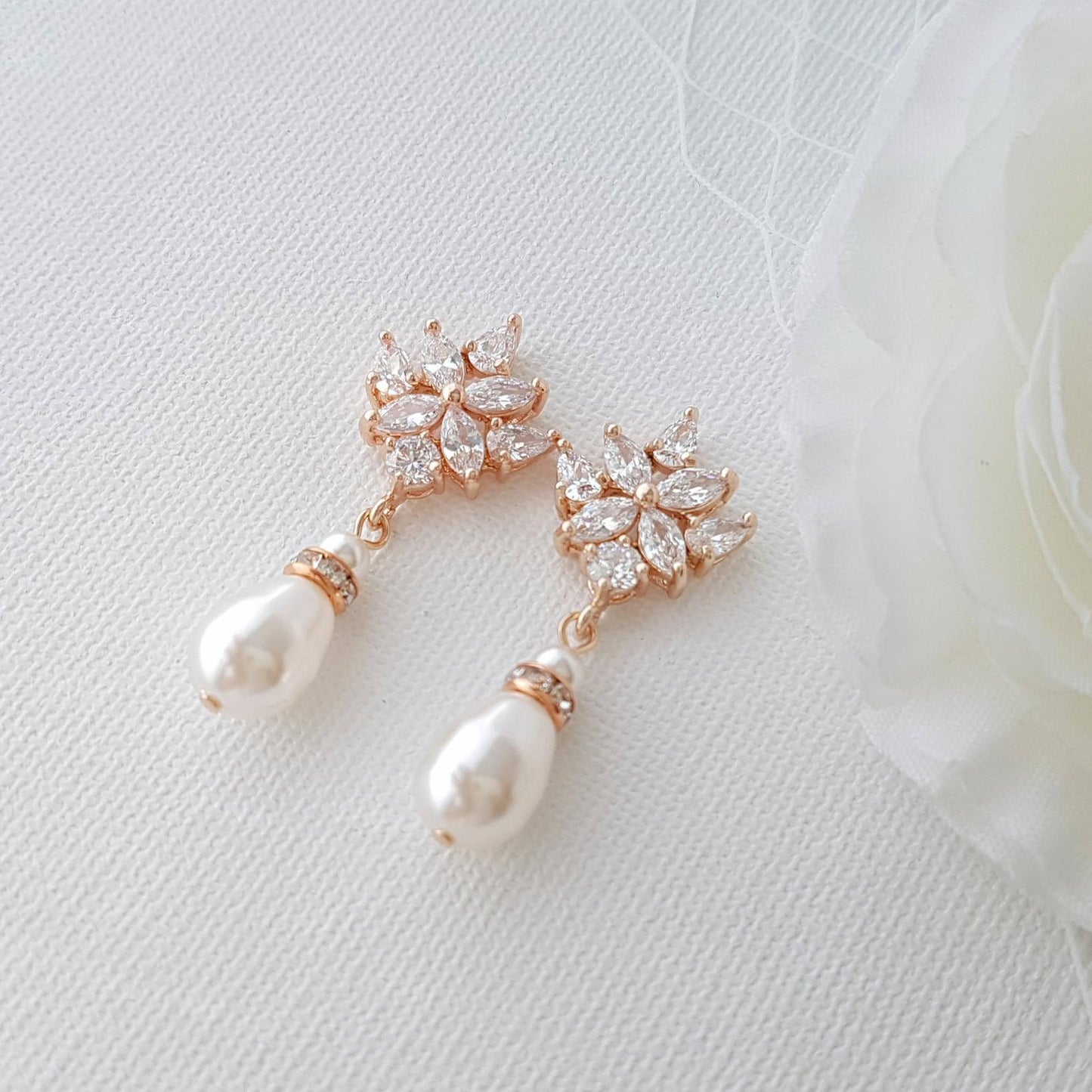 Gold Drop Earrings for Weddings with Teardrop Pearls- Rosa - PoetryDesigns