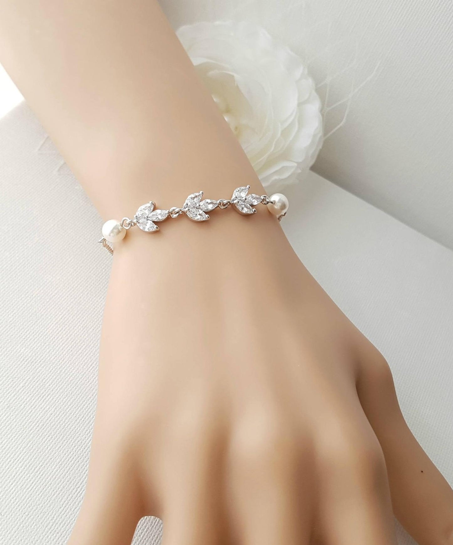 Bridal Bracelet in Rose Gold With CZ & Pearl-Leila - PoetryDesigns