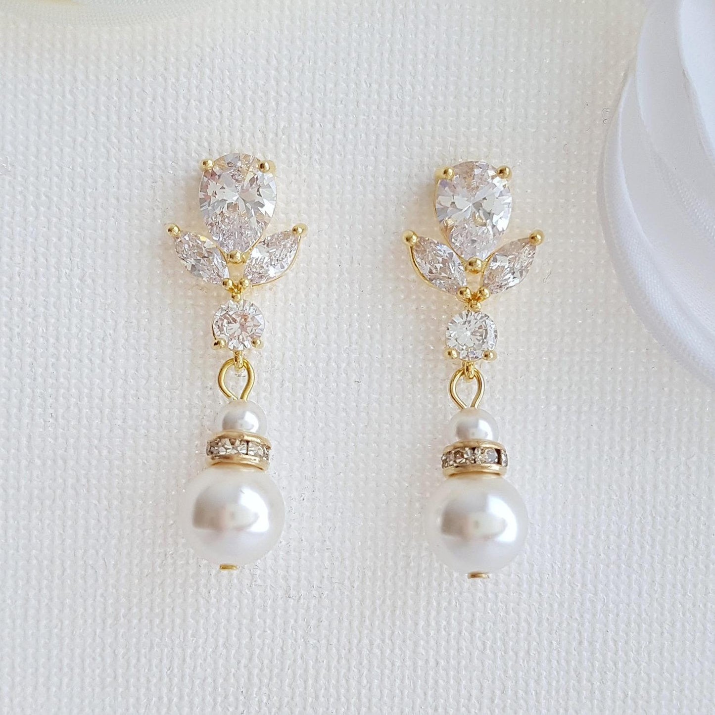 Bridal Earrings in Rose Gold and Pearl Drops-Nicole - PoetryDesigns