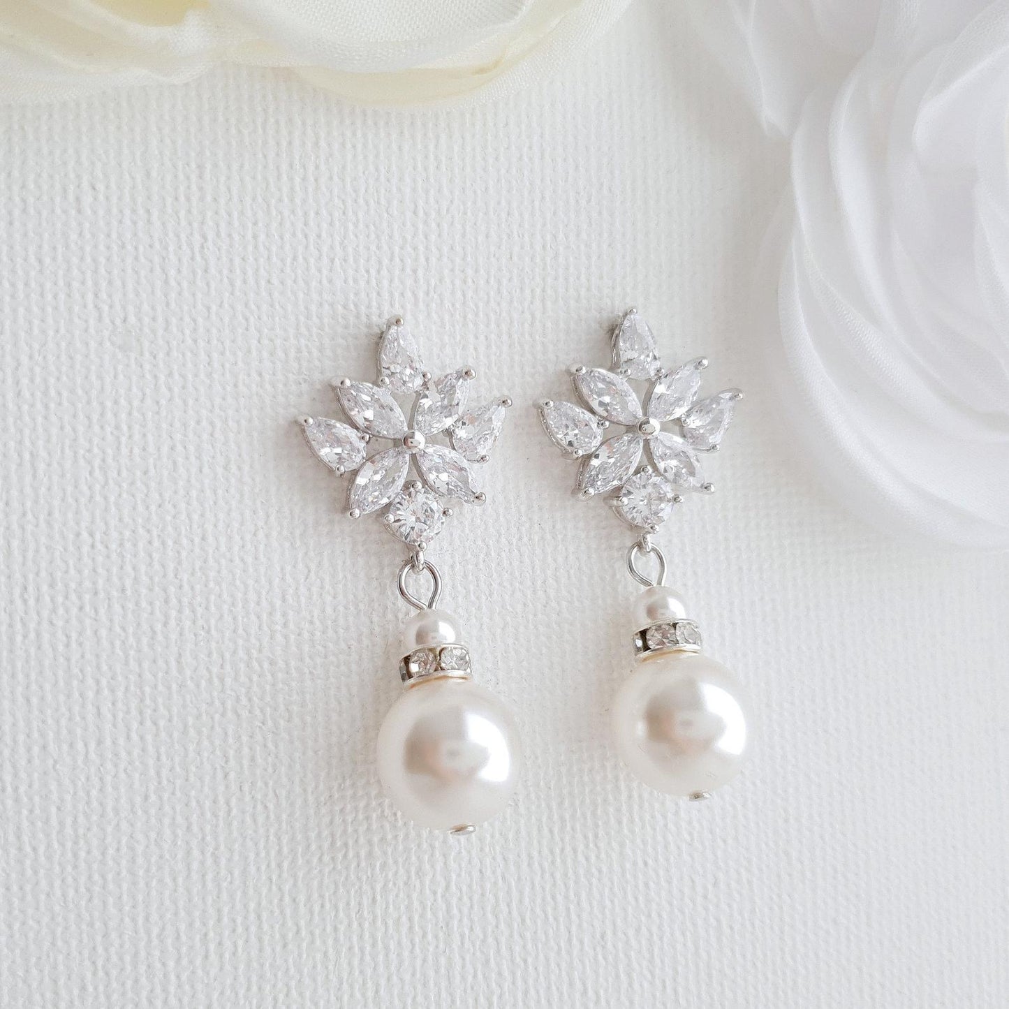 Bridal Earrings with Round Pearl Drops in Silver- Rosa - PoetryDesigns