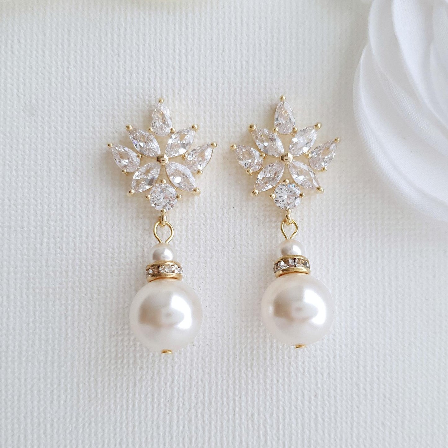 Bridal Drop Earrings Gold With Round Pearls- Rosa - PoetryDesigns