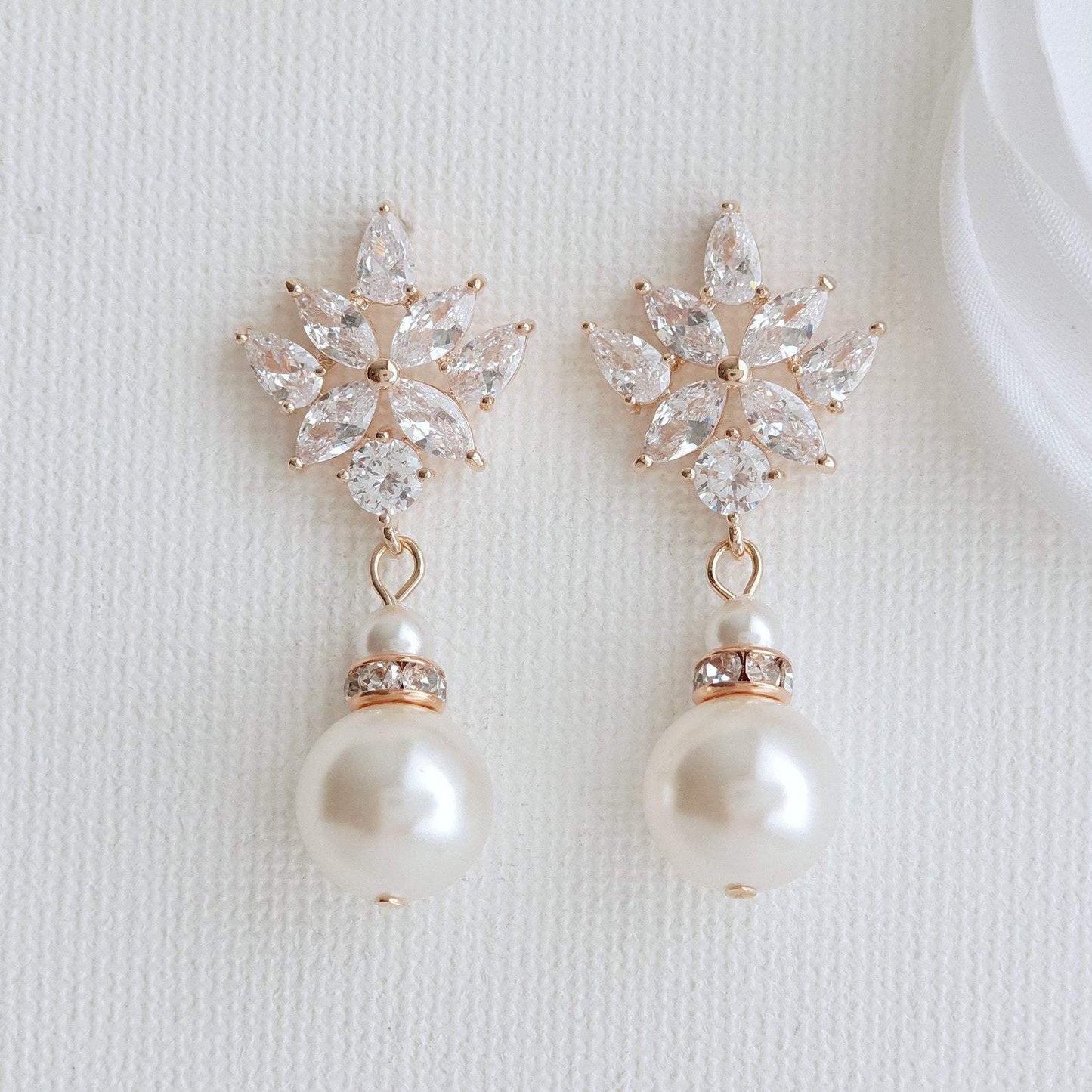 Bridal Drop Earrings Gold With Round Pearls- Rosa - PoetryDesigns