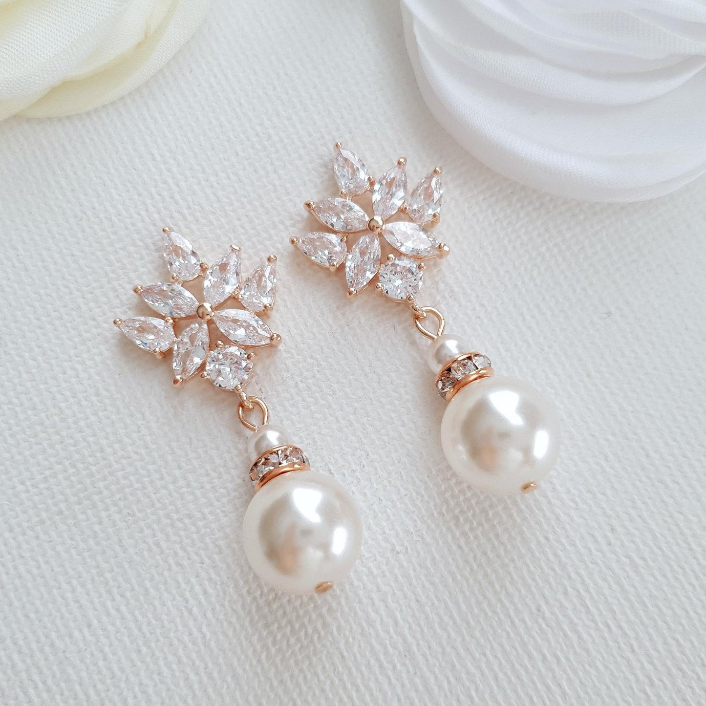 Bridal Drop Earrings Gold With Round Pearls- Rosa - PoetryDesigns