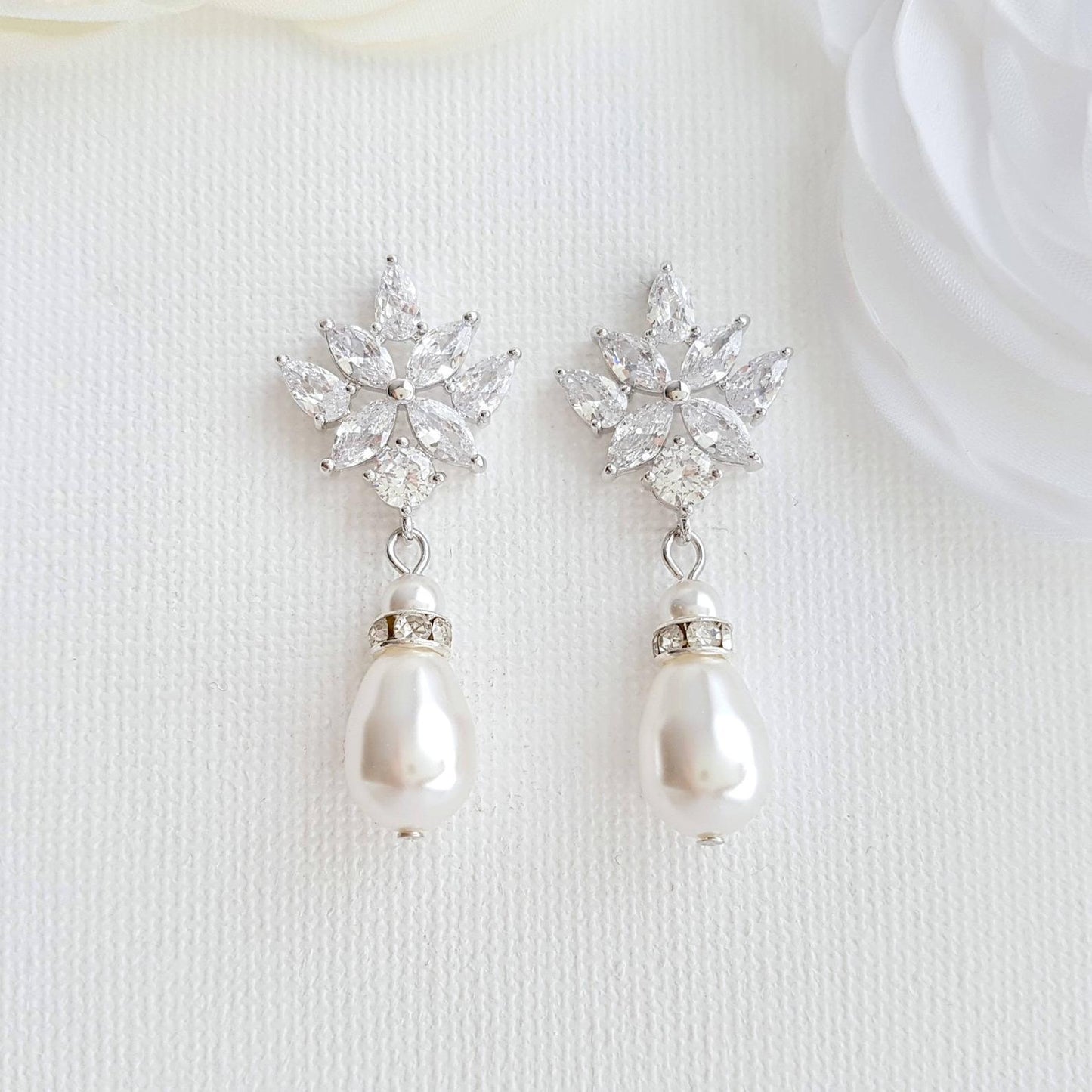 Crystal Bridal Earrings with Pearl Drop- Rosa - PoetryDesigns