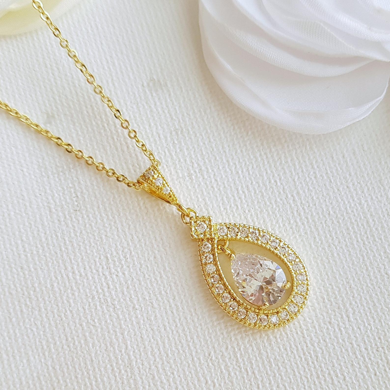 Gold Bridal Pendant Necklace Made of Teardrop Cubic Zirconia- Sarah - PoetryDesigns