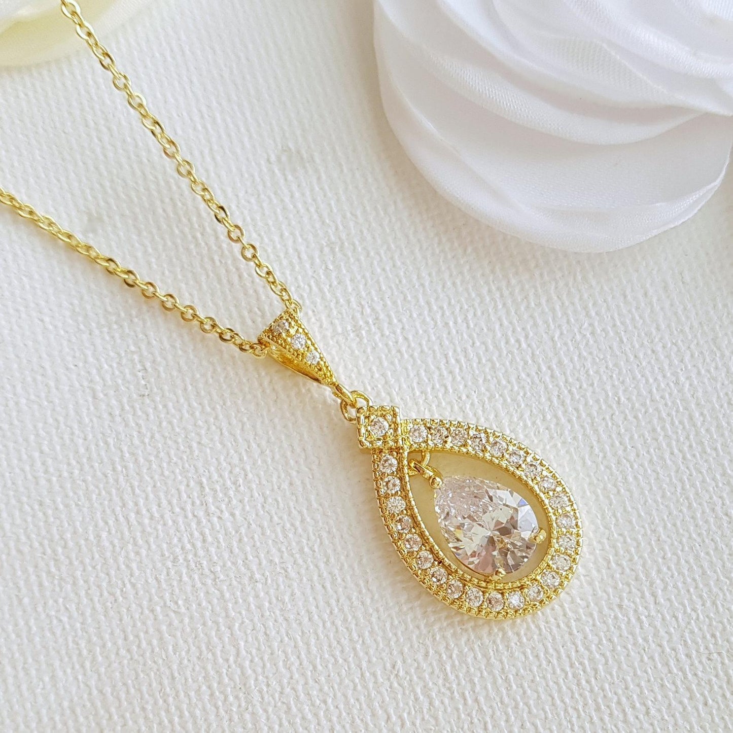 Teardrop Shape Rose Gold & Cubic Zirconia Wedding Necklace -Sarah - PoetryDesigns