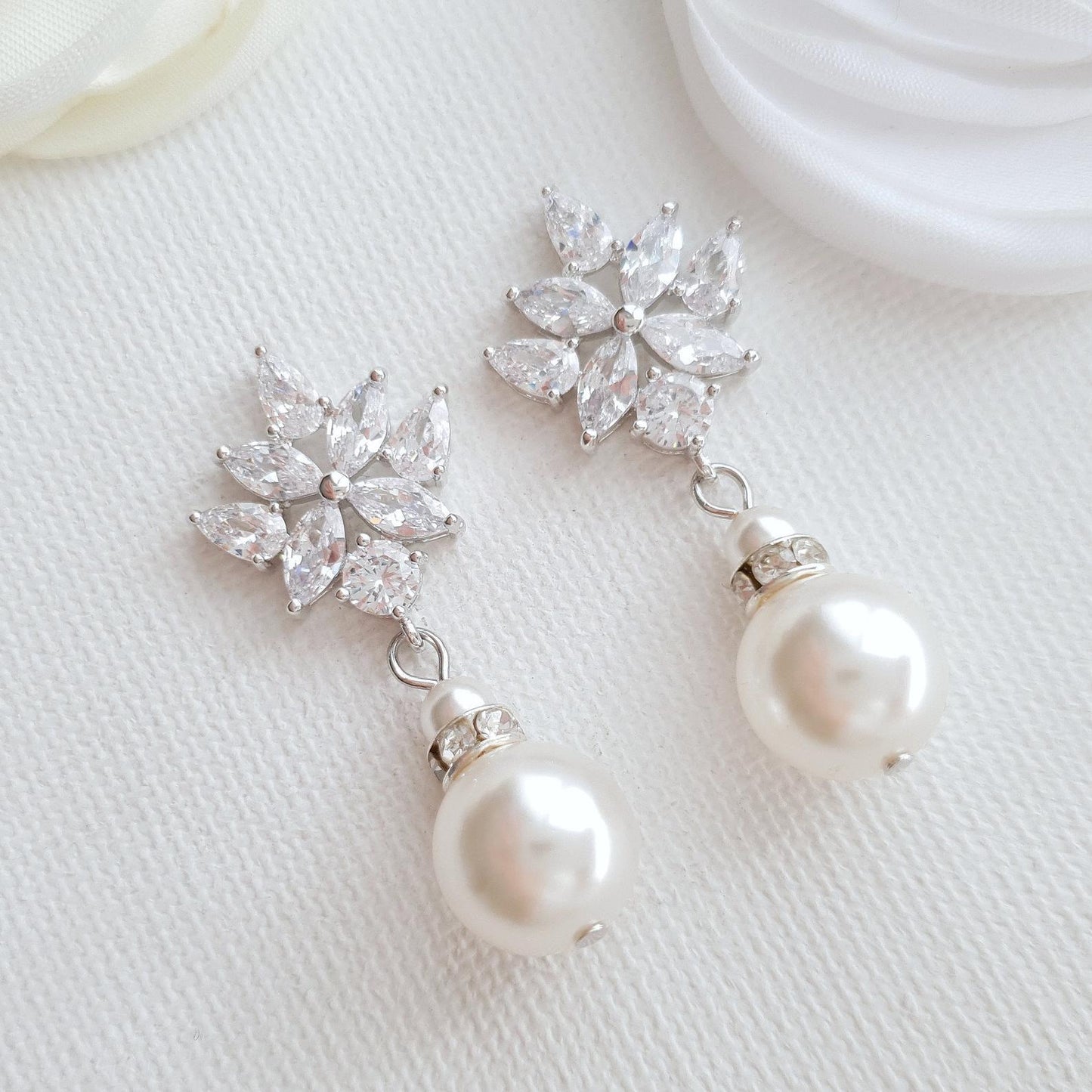 Wedding Drop Earrings in Rose Gold & Round Pearls- Rosa - PoetryDesigns