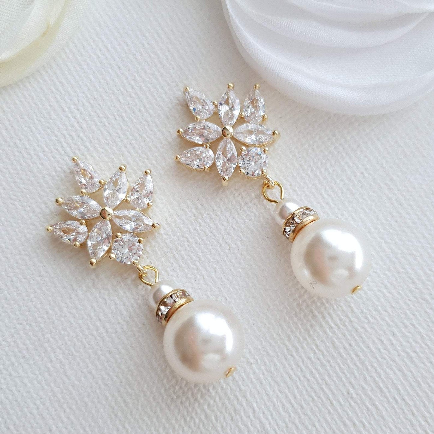 Wedding Drop Earrings in Rose Gold & Round Pearls- Rosa - PoetryDesigns