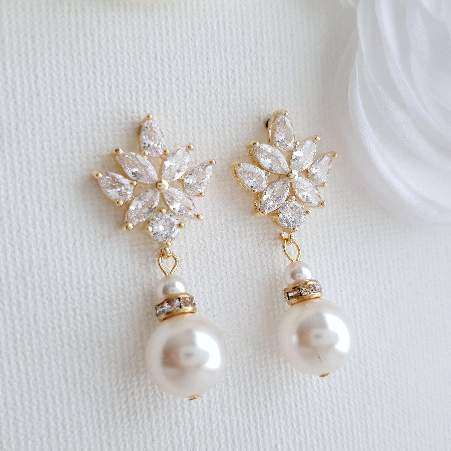 Bridal Drop Earrings Gold With Round Pearls- Rosa - PoetryDesigns