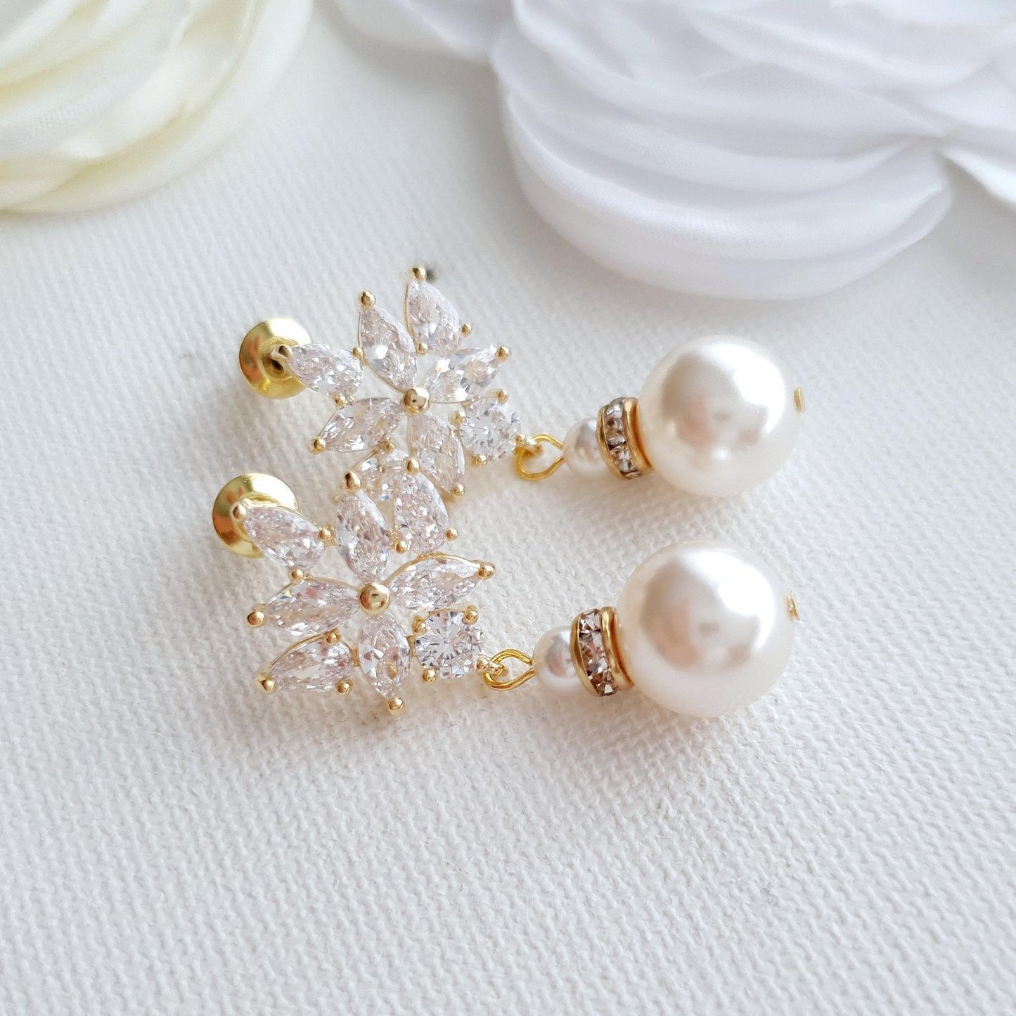 Bridal Drop Earrings Gold With Round Pearls- Rosa - PoetryDesigns