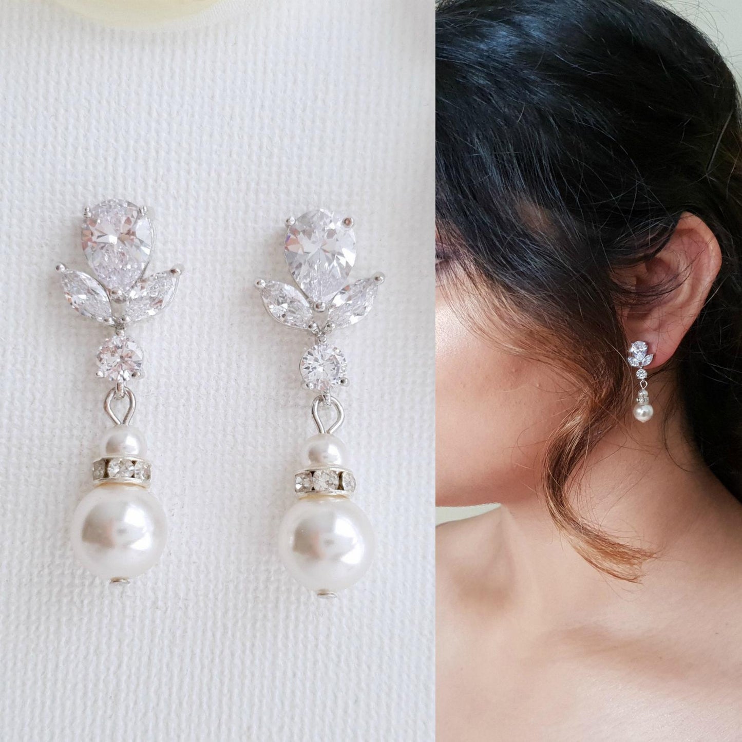 Pearl Bridal Earrings Silver- Nicole