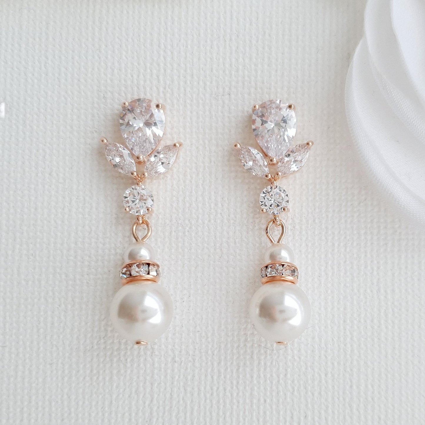 Bridal Earrings in Rose Gold and Pearl Drops-Nicole - PoetryDesigns