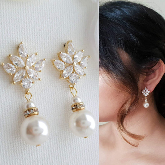 Bridal Drop Earrings Gold With Round Pearls- Rosa - PoetryDesigns