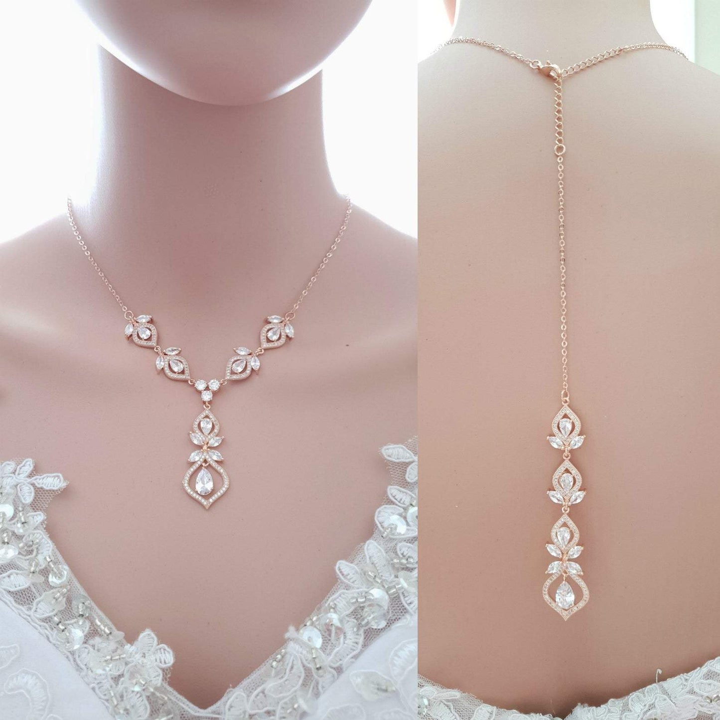 Rose Gold Bridal Back Jewelry Set with Drop Earrings Slider Bracelet Backdrop Necklace- Meghan - PoetryDesigns