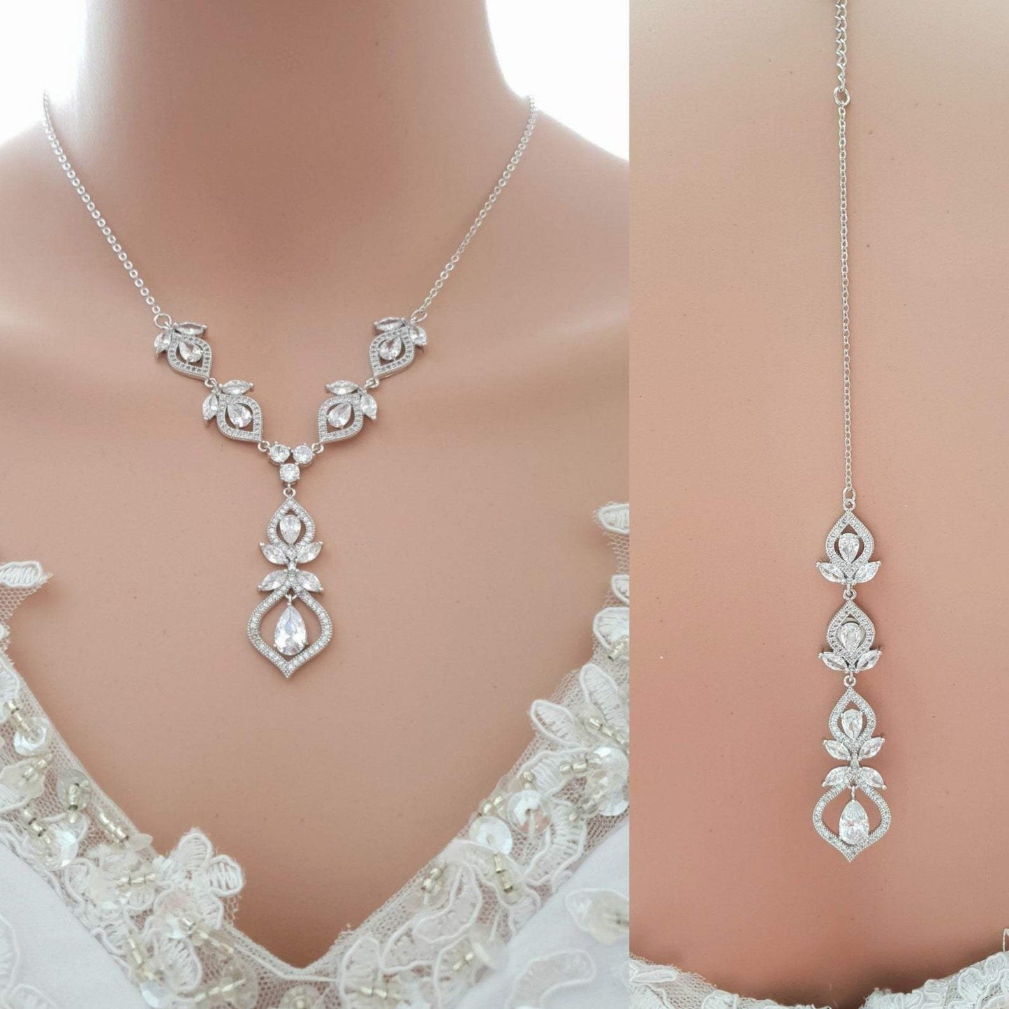 Crystal Gold Wedding Necklace & Back Jewelry-Meghan - PoetryDesigns