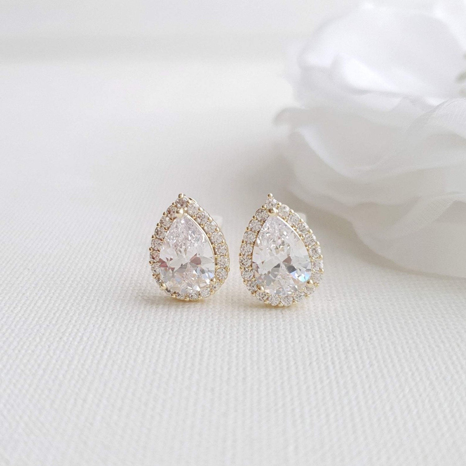 14K gold Teardrop Shaped Clip On stud earrings for Brides and Weddings