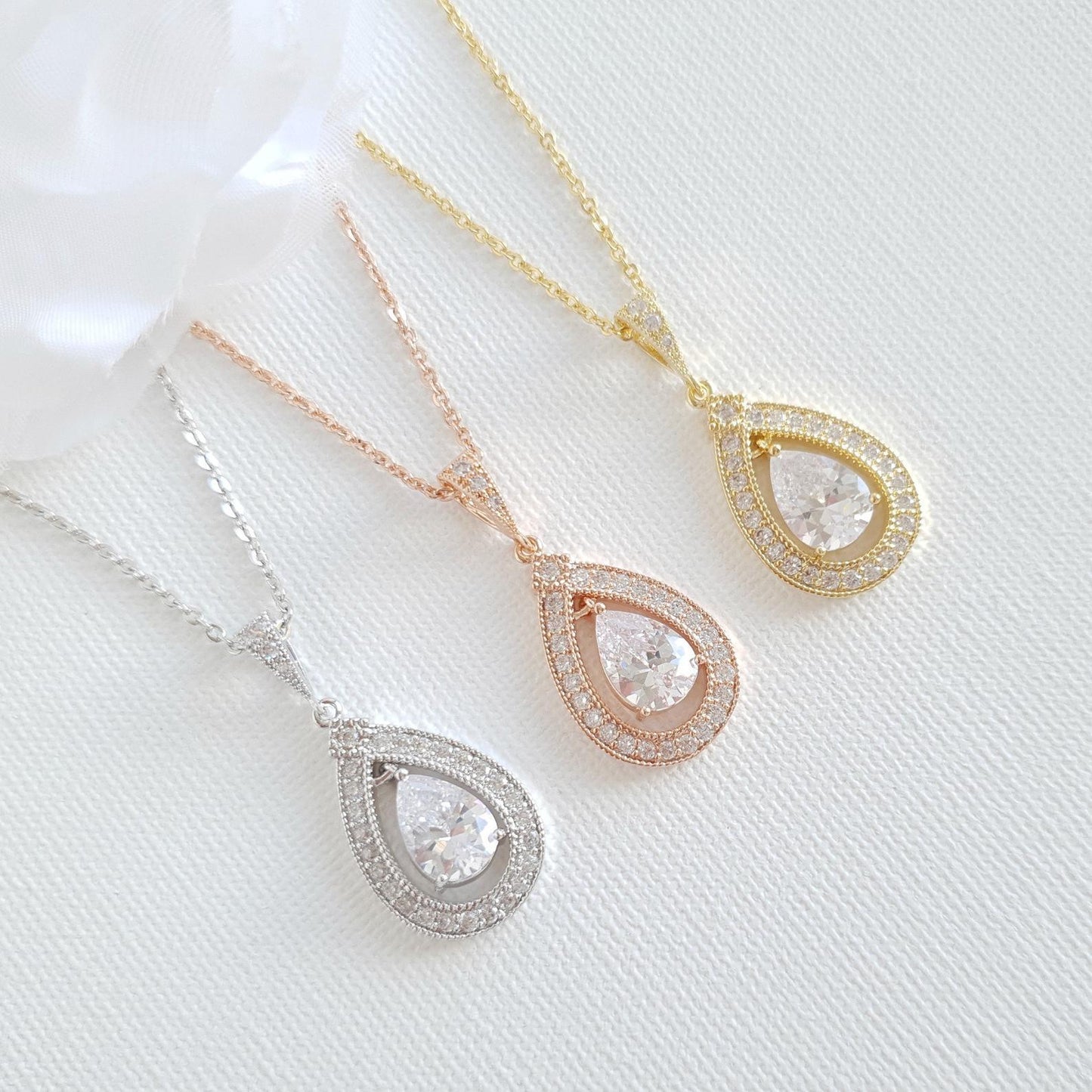 Gold Bridal Pendant Necklace Made of Teardrop Cubic Zirconia- Sarah - PoetryDesigns